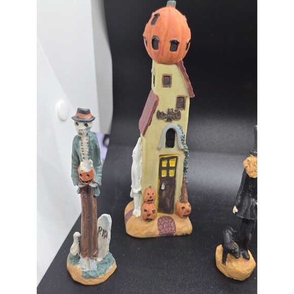 Vtg Halloween Village Rare Set  Poly Resin 3.5"/6.5" Skinny 4 Houses 4 Figures - Picture 7 of 16